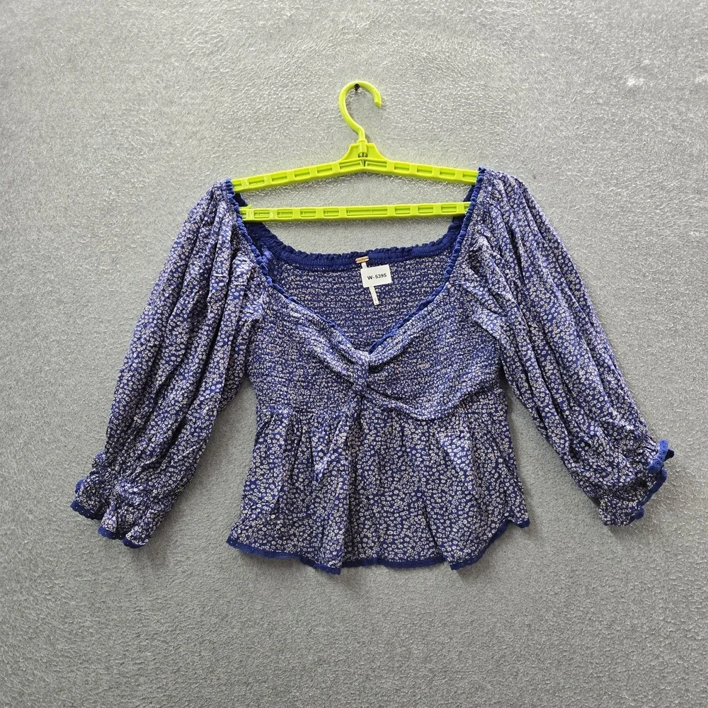 Free People Women Blouse S Blue Floral Brittnee Printed Peplum Ruffle Crop  Boho